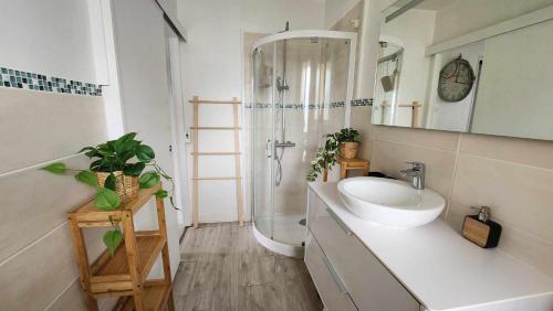 a white bathroom with a sink and a shower at Beach Front Apartment Eljocri in Capbreton
