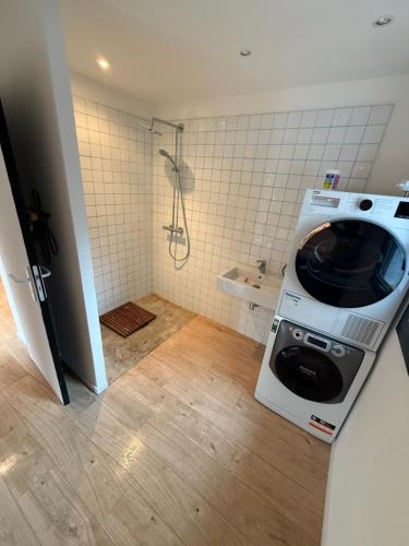 une machine à laver dans une salle de bain avec douche dans l'établissement Maisonnette, à Aix-en-Provence