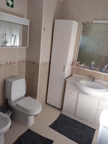 a bathroom with a toilet and a sink and a mirror at Armaçao de Pera - T1 Proche Mer et commodités in Armação de Pêra