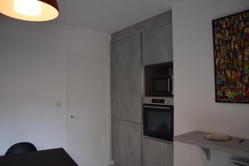 Il comprend une cuisine équipée d'un placard avec un four micro-ondes et un four micro-ondes. dans l'établissement LES LAURIERS, à Sausset-les-Pins