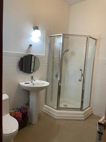 a bathroom with a shower and a toilet and a sink at Villa Petrea in San Juan