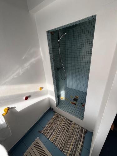 une salle de bain avec une douche avec une porte vitrée dans l'établissement Maison aix en Provence piscine, à Aix-en-Provence