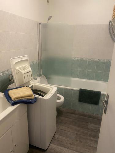 une salle de bain avec toilettes, lavabo et baignoire dans l'établissement Un F2 Au cœur du centre ville avec parking privé et balcon, à Auxerre