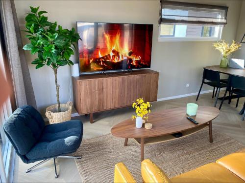a living room with a fireplace and a tv at Natuurhuisje Hellendoorn met luxe Hottub in Haarle