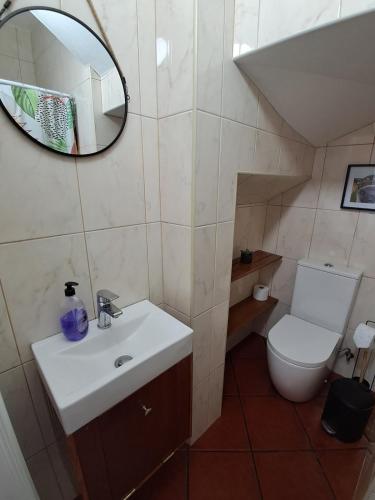 a bathroom with a sink and a toilet and a mirror at Biscoitos Top View in Biscoitos