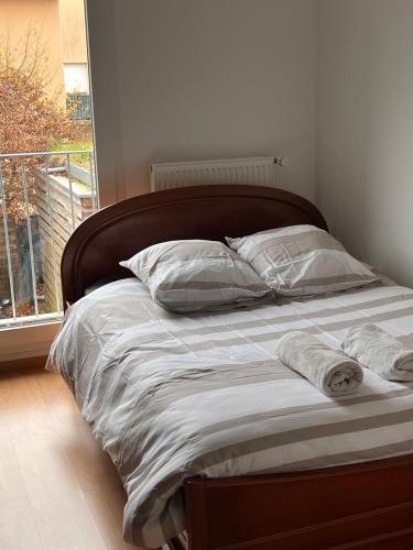 - un lit avec 2 oreillers à côté d'une fenêtre dans l'établissement Suite de la Citadelle, à Belfort