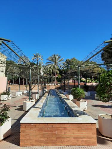 a swimming pool in a courtyard with palm trees at TRANQUILO APARTAMENTO ZONA CENTRO in Alcalá de Guadaira