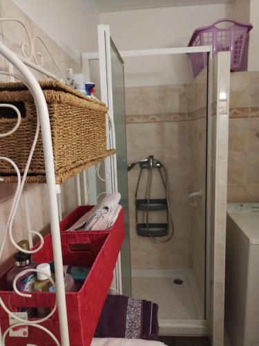 La salle de bains est pourvue d'une étagère rouge et d'une douche. dans l'établissement Les Charmettes, à Chambéry