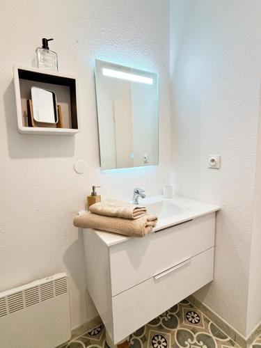 une salle de bain avec un lavabo blanc et un miroir dans l'établissement Appartement Cosy, à Montauban