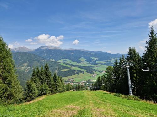 a grassy hill with a chair lift on a mountain at Steirermaxx Apartments in Gaal