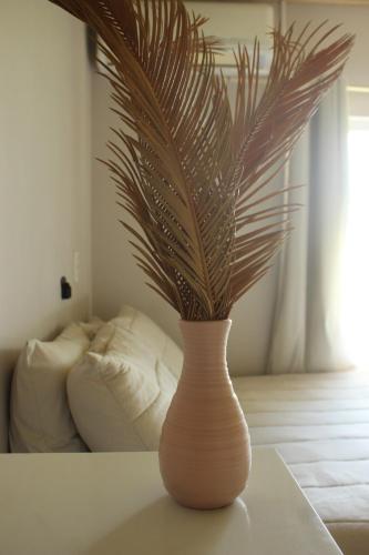 a vase with a plant in it on a table at Casa de temporada - Tatuhouse in José Boiteux