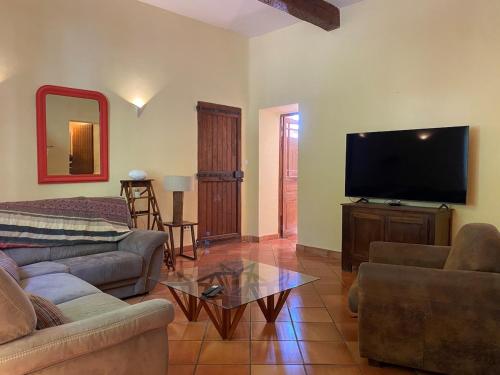 un salon avec un canapé et une télévision à écran plat dans l'établissement Maison viticole dans le Sud de la France avec grand piscine, à Moussan