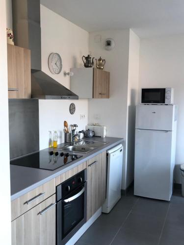 une cuisine avec un réfrigérateur blanc et un évier dans l'établissement Appartement Confortable et Moderne à Rouffiac-Tolosan - Arrivée autonome, à Rouffiac-Tolosan