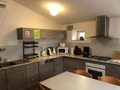 une cuisine avec des placards gris et un comptoir dans l'établissement chez Gaëlle et Martin, à Saint-Vincent-de-Barrès