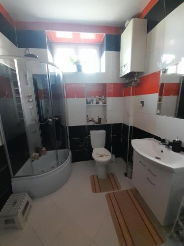 a bathroom with a toilet and a shower and a sink at Na Starówce in Lidzbark