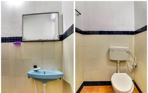 two pictures of a bathroom with a toilet and a sink at Hotel O Srinivasa Residency Lodge in Tirupati