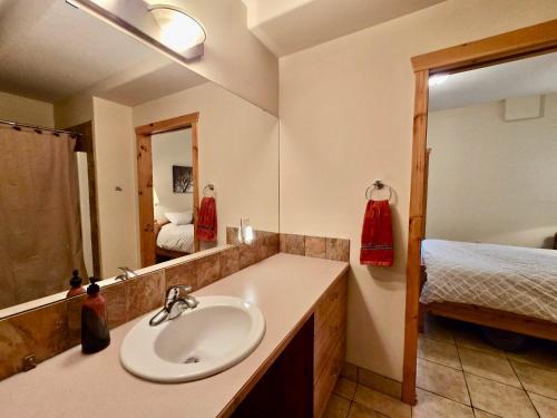 a bathroom with a sink and a mirror and a bed at Pika's Place Bed and Breakfast in Canmore