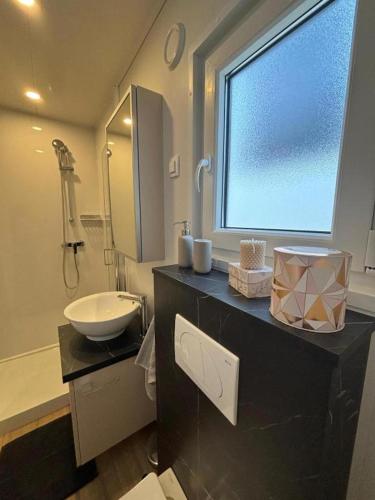 a bathroom with a sink and a mirror and a sink at Mobile Home Ivana in Biograd na Moru