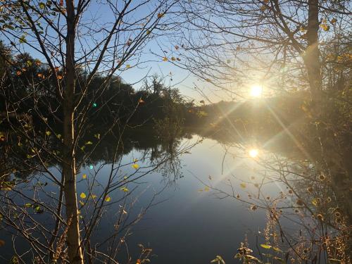 Elle offre une vue sur un lac où le soleil brille sur l'eau. dans l'établissement DOMAINE NATURE Et SENS, à Presly