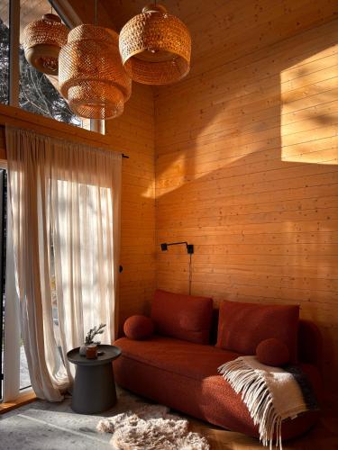 a living room with a couch and a window at Sosnowy Gaj in Sławutowo