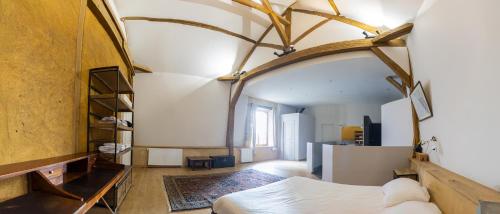 - une chambre avec un grand plafond voûté et un lit dans l'établissement Ecuries du Château de Saint-Fargeau, à Saint-Fargeau