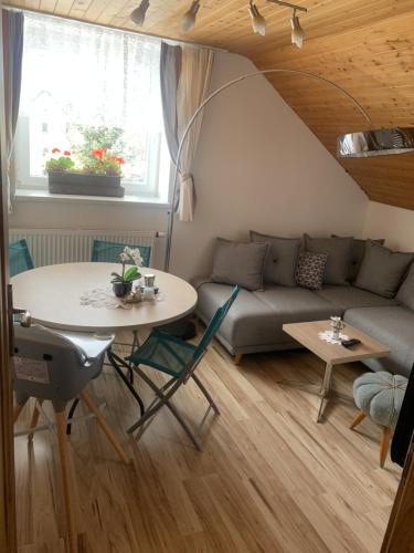 a living room with a couch and a table at Květinové apartmány Horní Planá in Horní Planá