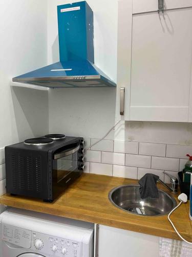 a small kitchen with a microwave and a sink at Studio flat with private entrance in Lewisham