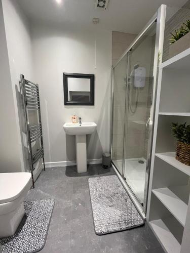 a bathroom with a shower and a sink at Luxury Seaside Town House in Bangor