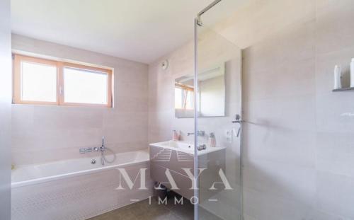 une salle de bain avec une douche, un lavabo et une baignoire dans l'établissement Appartement - 3 chambres - proche Euroairport, à Sierentz