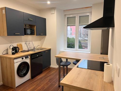 une cuisine avec un lave-linge et un comptoir dans l'établissement L'élegant Belfortain, à Belfort