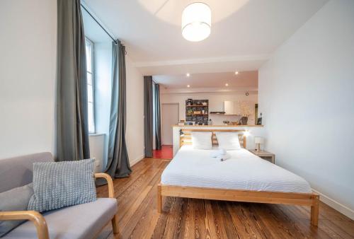 a bedroom with a bed and a couch and a chair at Le refuge citadin in Tournus