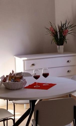 a table with two glasses of wine and a basket of food at Vista Castello in Mantova