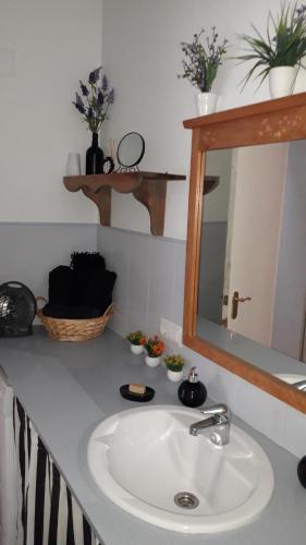 a bathroom counter with a sink and a mirror at Apartamento OGUM Cáceres in Cáceres