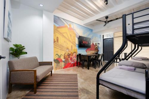a bedroom with a bunk bed and a mural at Diamond Hall Cebu - 201 in Cebu City