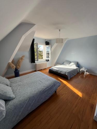 - 2 lits dans une chambre mansardée dans l'établissement Maison au bord du lac, à Saint-Étienne-Cantalès