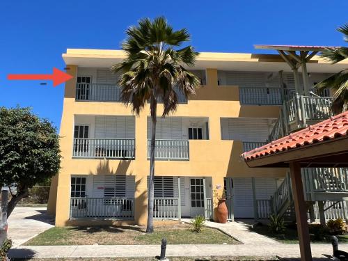 a building with a palm tree in front of it at Beachfront at Cabo Rojo in Cabo Rojo