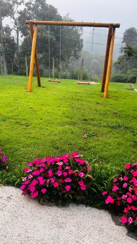 a park with pink flowers in the grass at A Casa do Júnior em Visconde de Mauá in Visconde De Maua