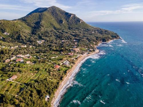 an aerial view of a beach and the ocean at Spiros amazing BEACH HOUSE in Paramonas