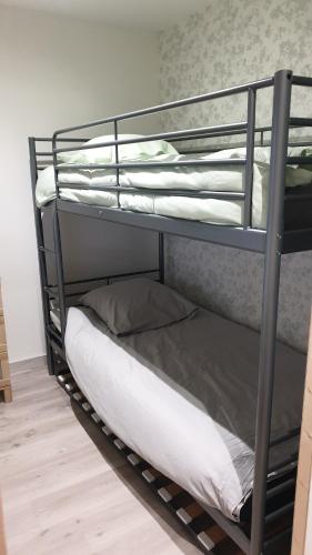 a bunk bed room with two bunk beds and a room with at Chalet du Tilleul in Poncey-lès-Athée