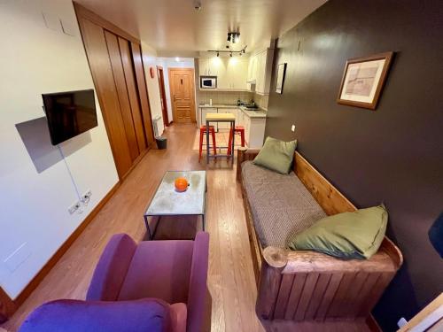 ein Wohnzimmer mit Sofa und Tisch in der Unterkunft Lotila Flats Cuirgu in Felechosa
