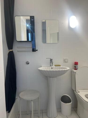 une salle de bain avec un lavabo, des toilettes et un miroir dans l'établissement Roch, à Fort-Mahon-Plage