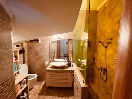 a bathroom with a sink and a shower at Golden Sea View -Thasos House in Skala Potamias