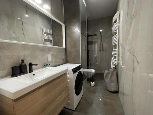a bathroom with a sink and a washing machine at APARTAMENT POLANICA RESIDENCE Nr 1 in Polanica-Zdrój