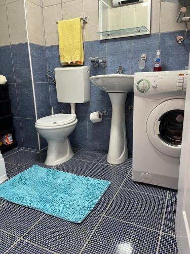 un bagno con un lavandino del water e una lavatrice di Apartment Voska a Ohrid