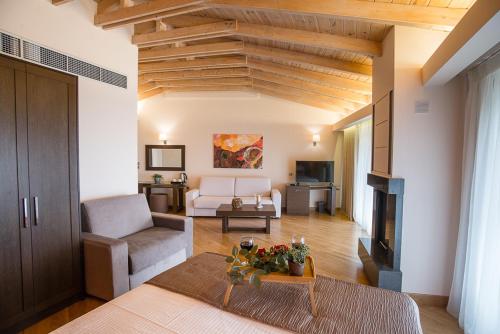 a living room with a couch a chair and a table at Nepheli Hotel in Kastrosikia
