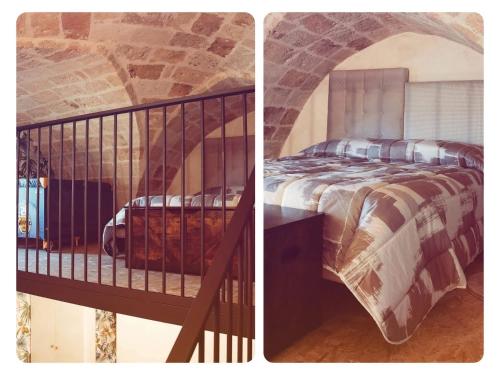 two pictures of a bedroom with a bed and a staircase at My Family Home in Francavilla Fontana