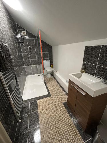 a bathroom with a shower and a sink and a toilet at Lovely 2 bed house in Hawkshead in Hawkshead