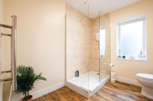 a bathroom with a shower with a toilet and a plant at Apartment with free P for Van. in Southampton