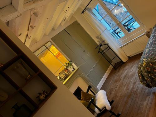 an overhead view of a living room with a dog sitting in a chair at Maison Chez ACHILLE in Évreux