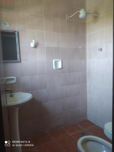 a bathroom with a toilet and a sink at Chacara porta do mundo in Suzano